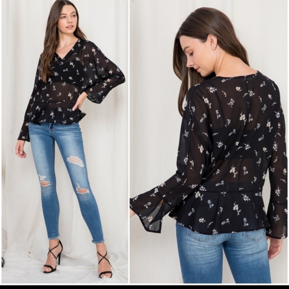 V Neck Sheer Floral Top with Bell Long Sleeves